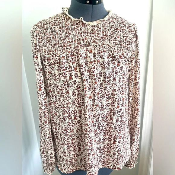 Lucky Brand Sz M Modest High Neck Smocked Frint Fall leaves long sleeve blouse - Picture 1 of 15